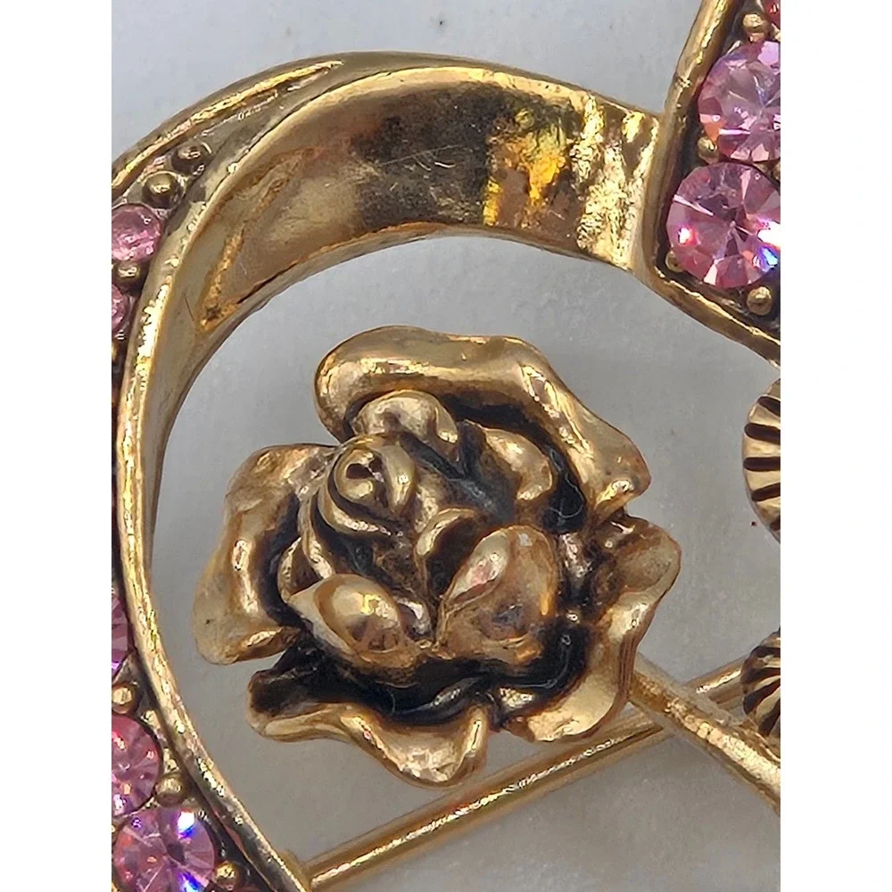 Vintage Rhinestone Brooch Set of‎ 2 Gold Tone Pink Heart Floral Butterfly Pins